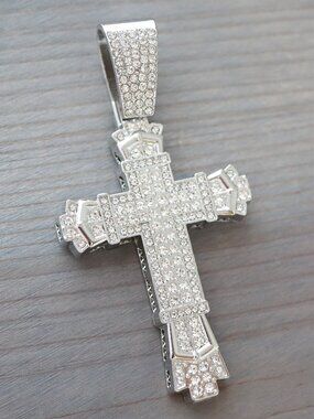 Cross Pendant with Rhinestones Ice Out Style Silver Plated
